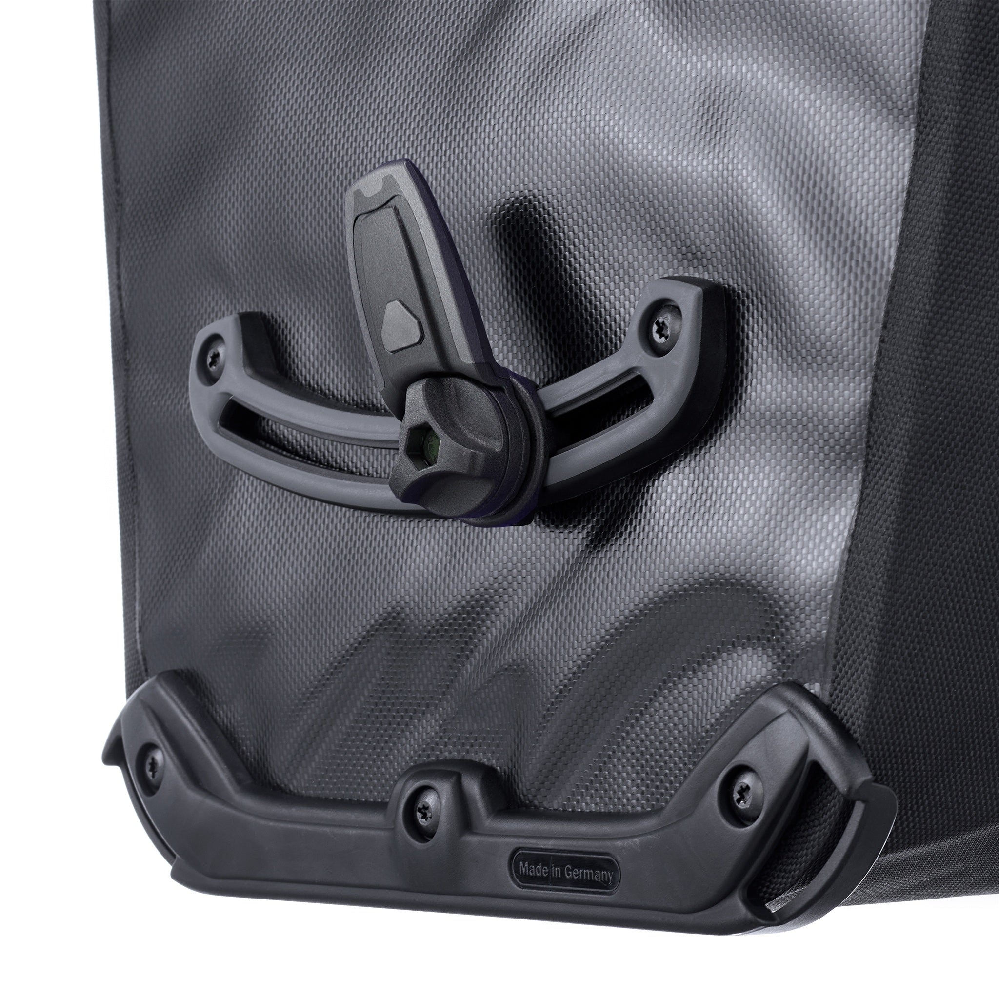 Rear close-up of ORTLIEB Back-Roller XL QL2.2 in asphalt - black showing Quick-Lock system