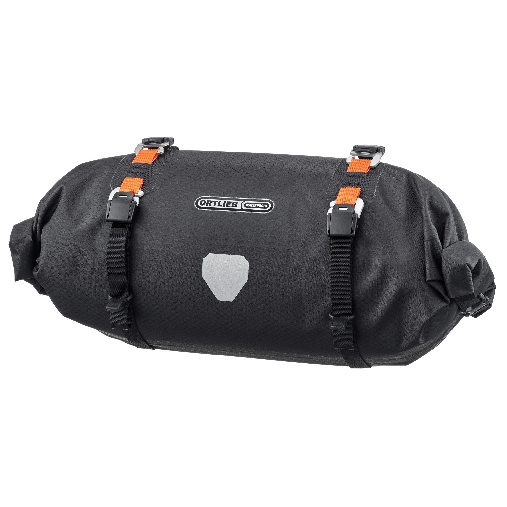 Front view of ORTLIEB Handlebar-Pack Flex in black-matt with reflective logo and compression straps