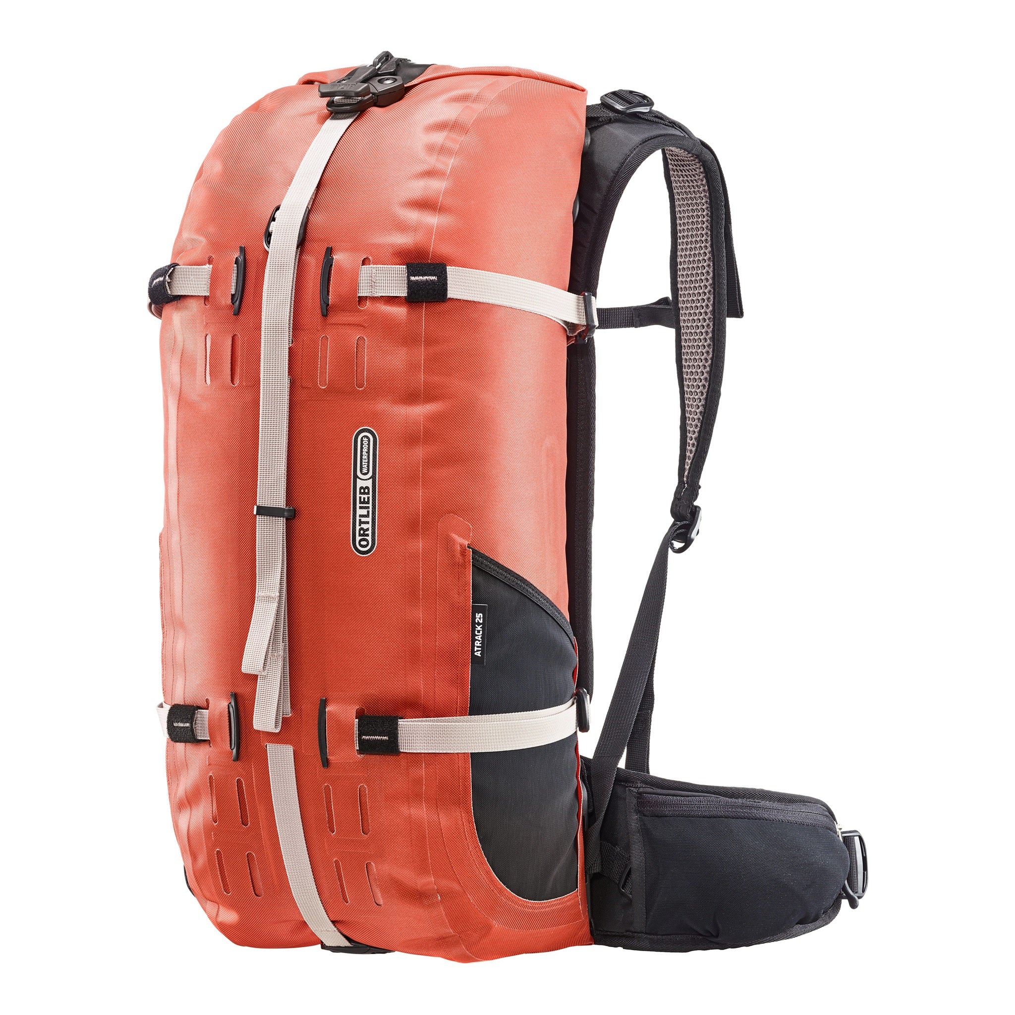 Front view of the waterproof ORTLIEB Atrack outdoor backpack in rooibos color with 25 liters volume, featuring black details, adjustable compression straps, hip fins, and a side mesh pocket.