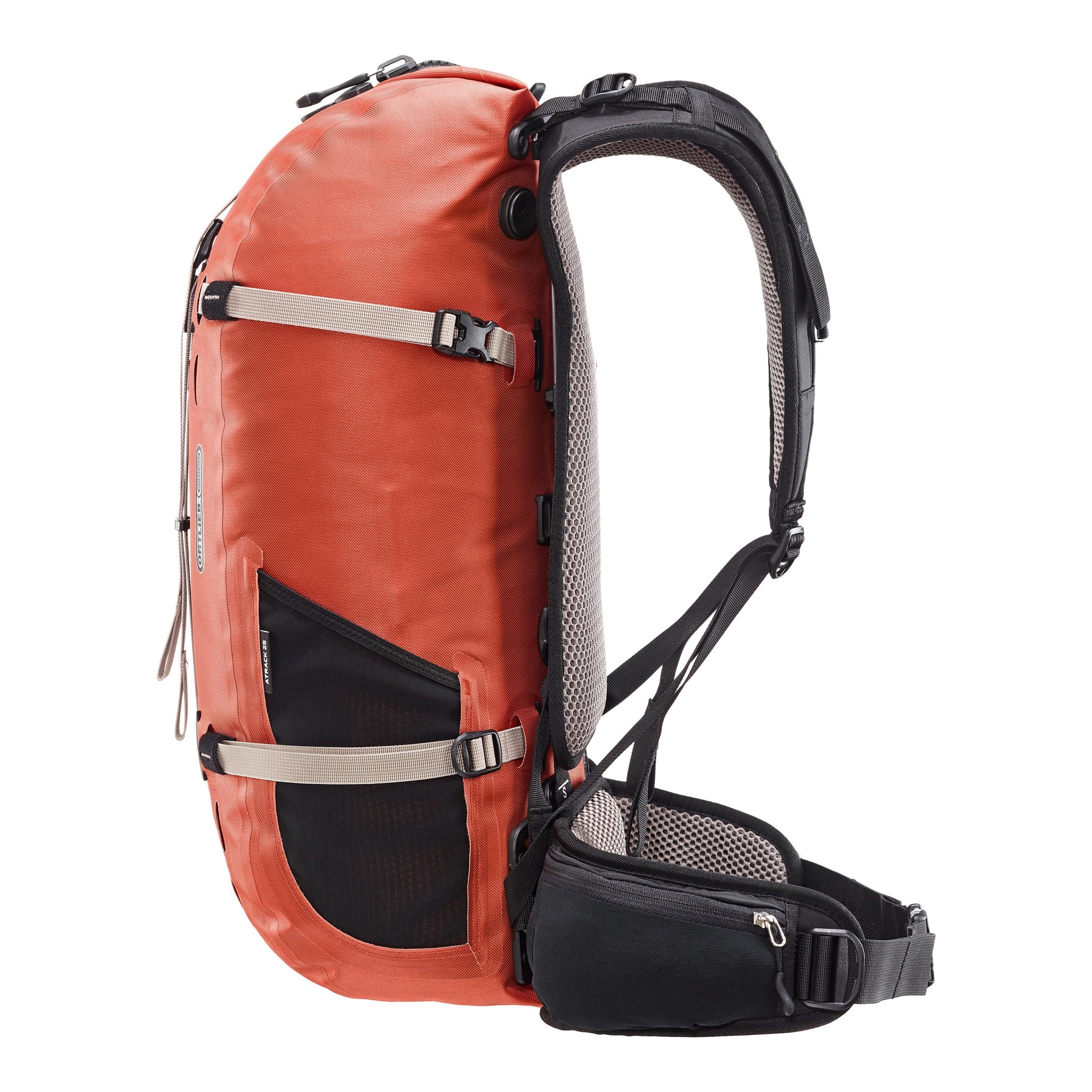 Side view of the waterproof ORTLIEB Atrack outdoor backpack in rooibos color with 25 liters volume, featuring an ergonomic carrying system, wide shoulder straps, and a side zip pocket.