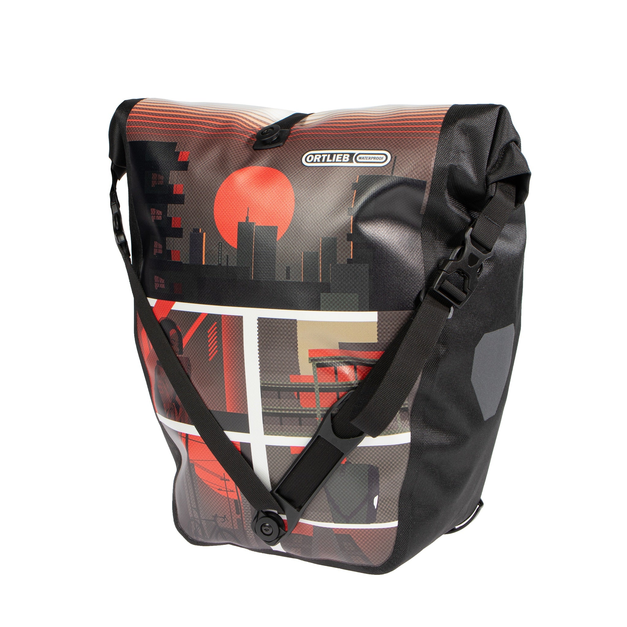Front view of ORTLIEB Back-Roller Design bag in design "Morning Routine" with red sun graphic