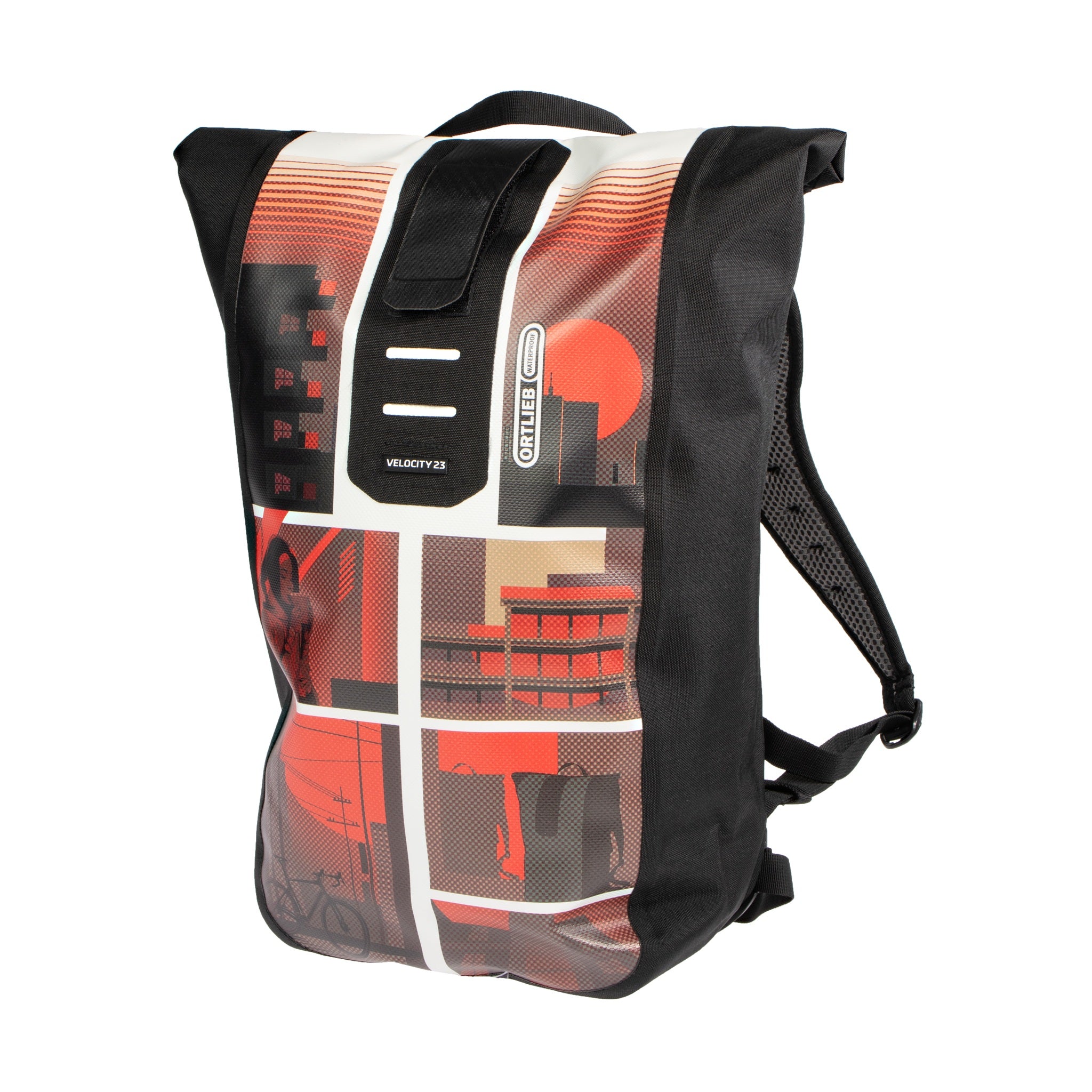 ORTLIEB Velocity Design backpack with red black city motif and roll closure on white background
