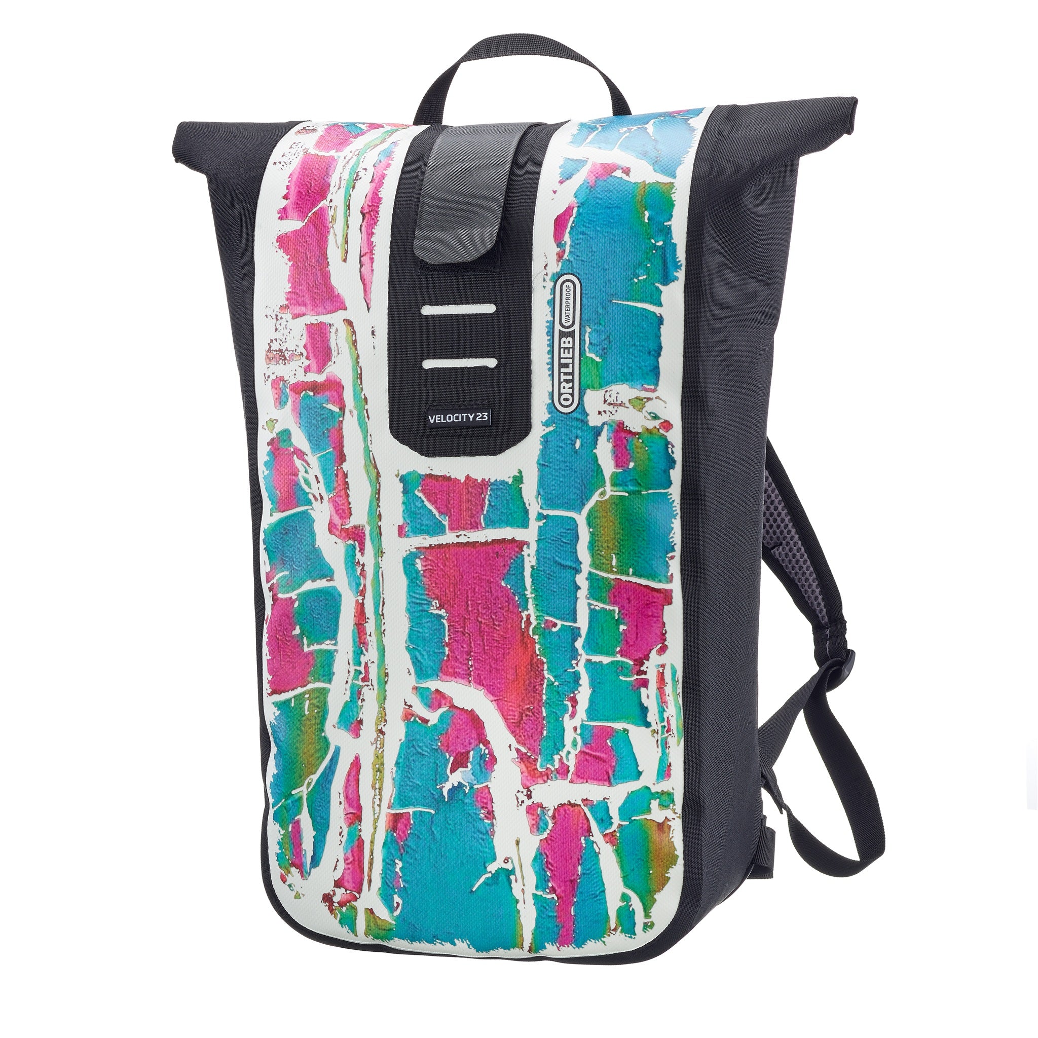 ORTLIEB Velocity Design backpack with abstract pink turquoise and white pattern on black background