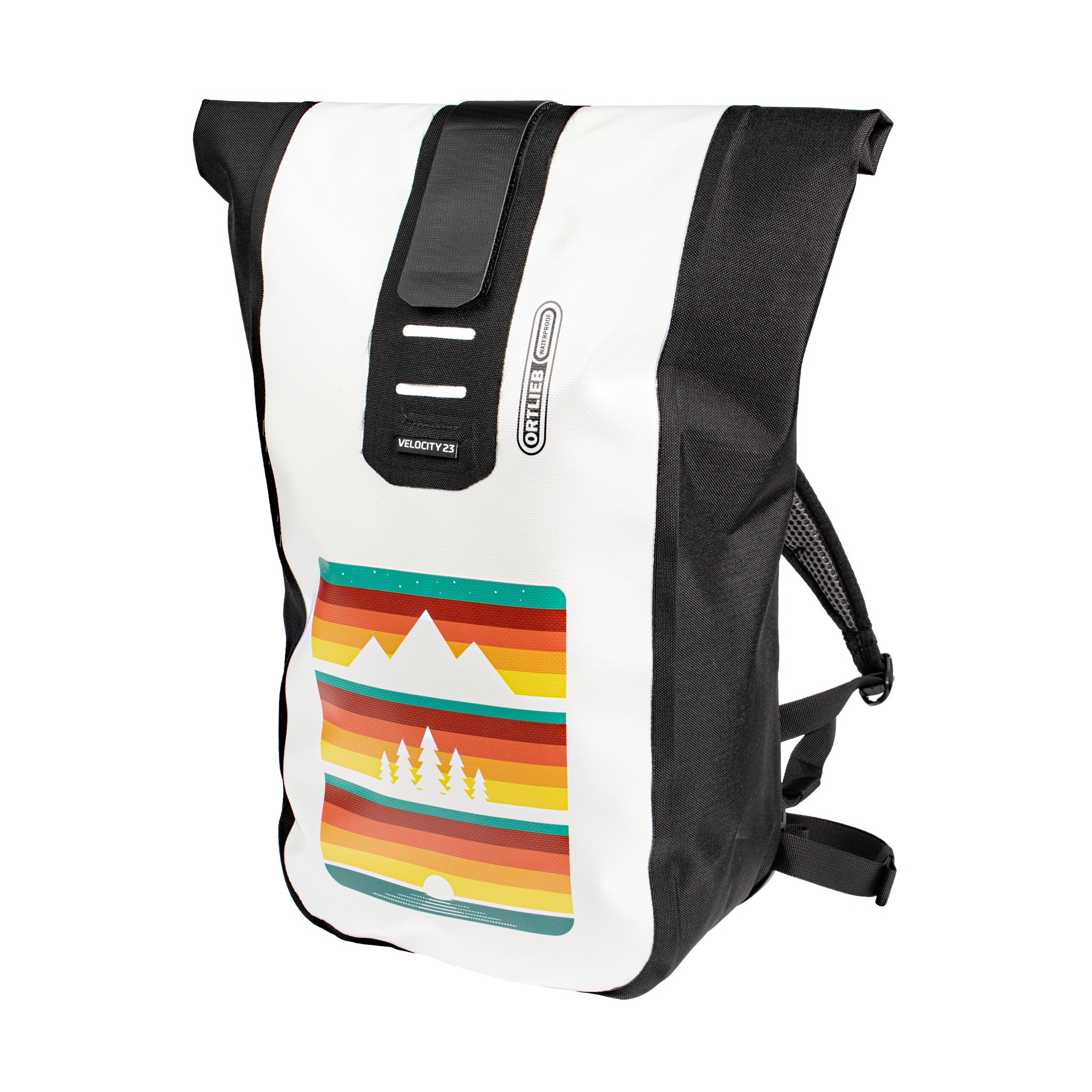 ORTLIEB Velocity Design backpack in white and black with colorful mountain and tree graphic on front
